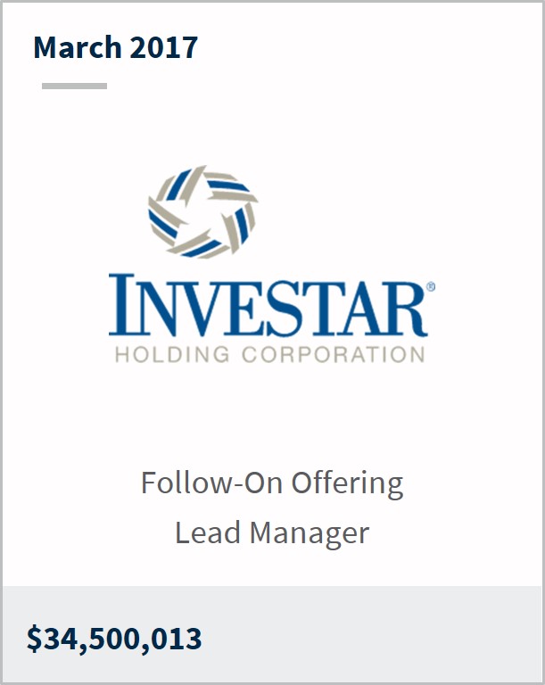 March 2017 Investar Holding Corp. $34,500,013 follow-on offering lead manager