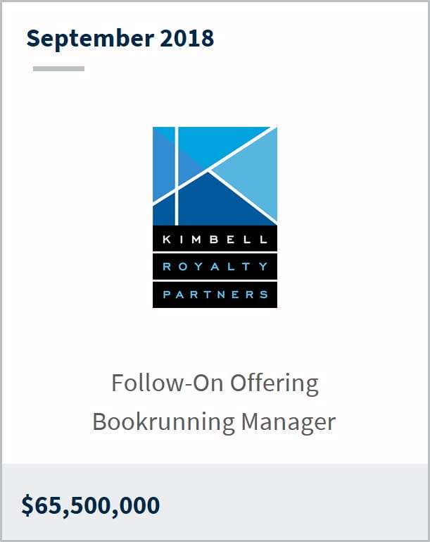 September 2018 Kimbell Royalty Partners $65,500,000 follow-on offering bookrunning manager