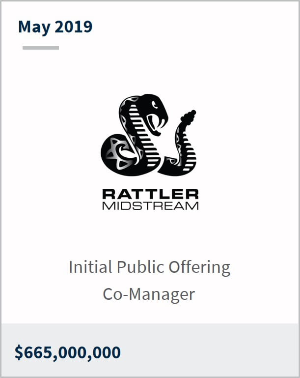 May 2019 Rattler Midstream LP $665,000,000 initial public offering co-manager