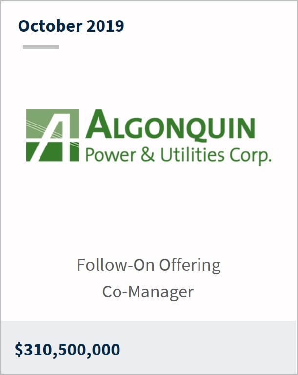 October 2019 Algonquin Power and Utilities Corp. $310,500,000 follow-on offering co-manager