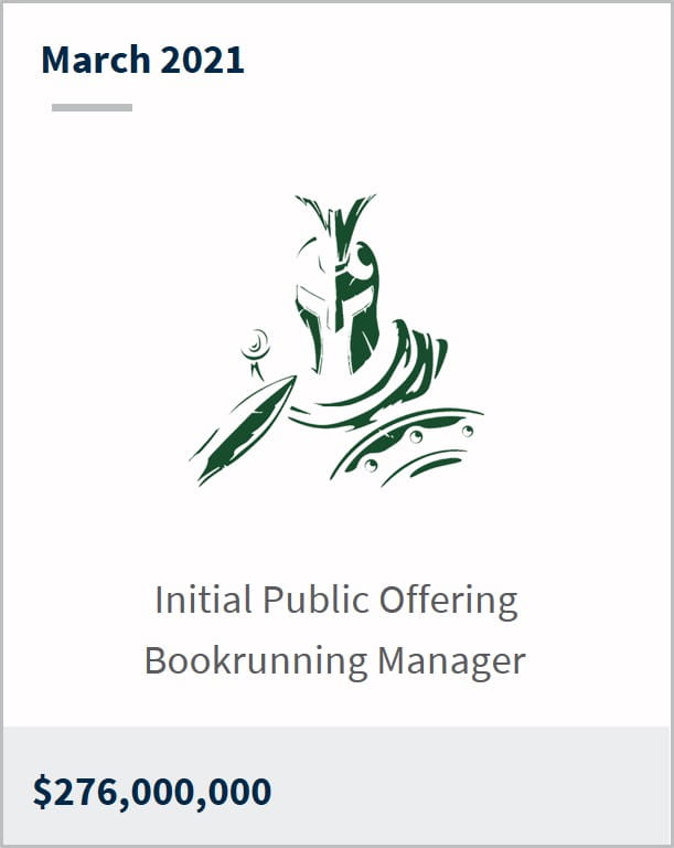 March 2021 Warrior Technologies $276,000,000 initial public offering bookrunning manager