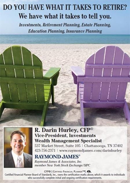 An ad for R. Darin Hurley featuring a light green and purple chair on the beach