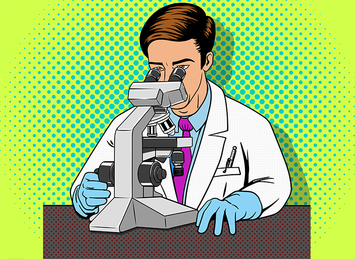 Cartoon scientist looking into microscope