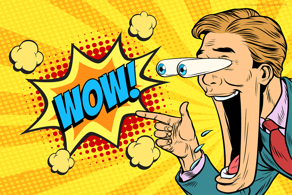 Cartoon illustration of man with eyes popping out and dropped jaw with wow text