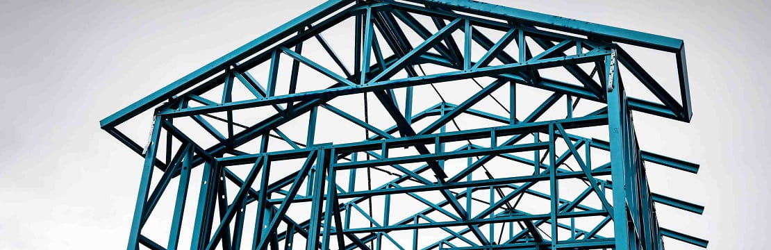 View of a steel frame structure of a building.