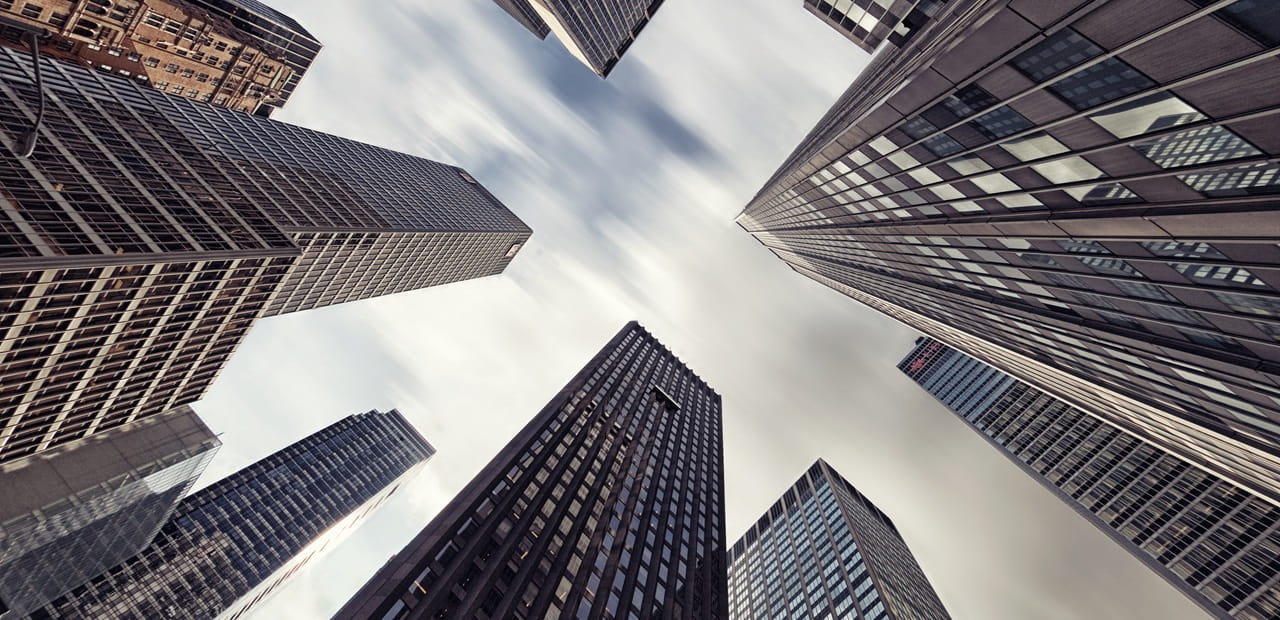 Low angle view of financial district buildings